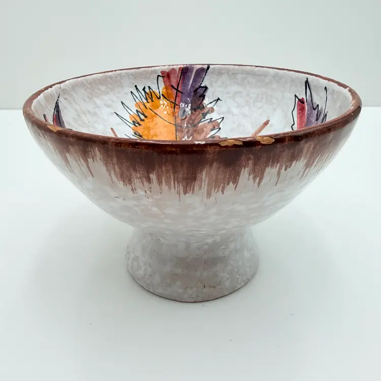 Florenti Italy Vintage Art Pottery Leaf Pattern Mid Century Pedestal Bowl