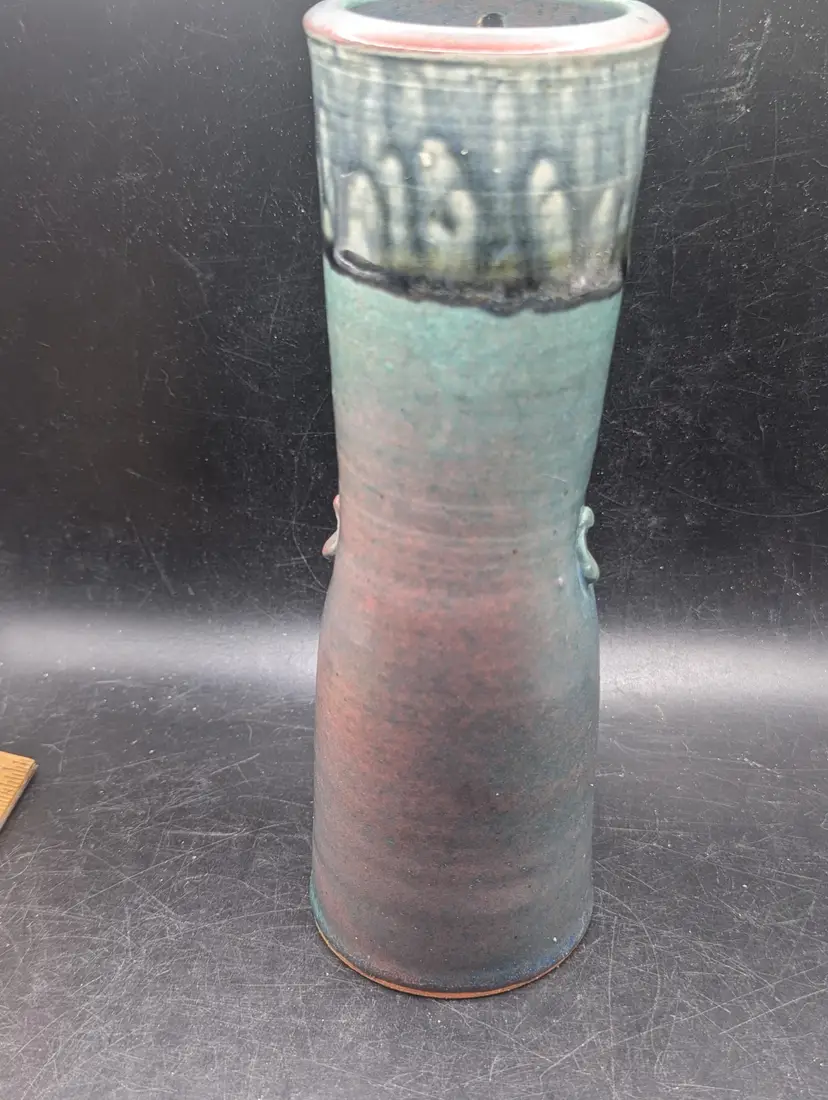 Studio Art Pottery Signed With Variegated Blue, Green Purple Drip Glaze