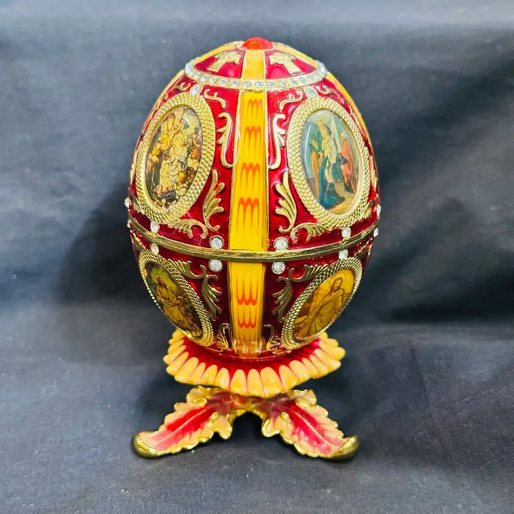 #1373 Vintage Ornate Egg, Holy Family Catholic, Red Gold Enamel Bejeweled Trinket Box Hinged Magnetic Close Lid
