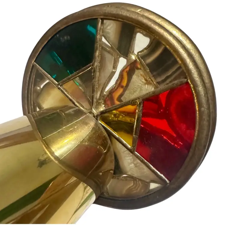 Vintage Chesnik-Signed Brass Kaleidoscope 1984 Two Dichroic Stained Glass Wheels & Wood Stand