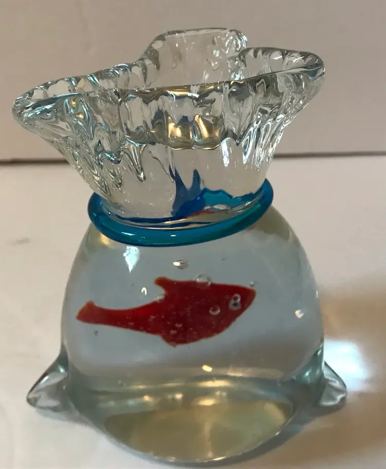 Vtg Art Glass Red Fish In A Bag- Hand Blown Aqua Sculpture Paperweight