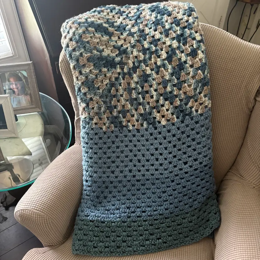 Vintage Blanket Afghan Hand Made Crochet Throw 75”x 75” Square Shades Of Blue