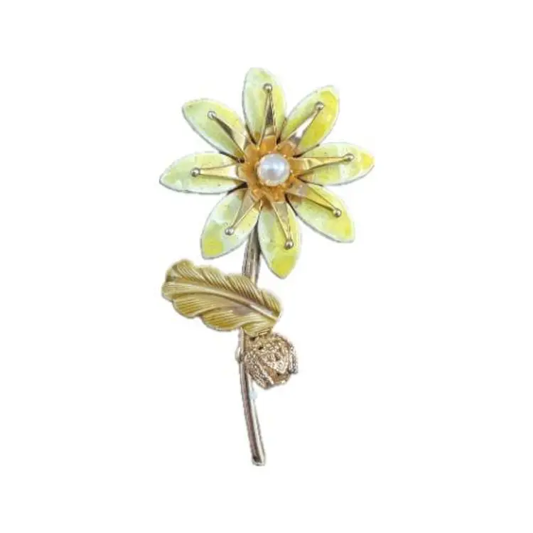 Gold Tone Yellow Enamel Flower and Ladybug Brooch