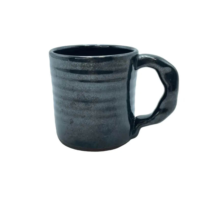 Handmade Studio Pottery Black Grey Metallic Ribbed Coffee Mug Cup Signed