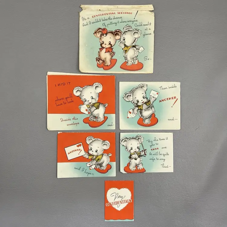 Vintage Valentine Greeting Card Anthropomorphic Bears Nesting Style 1940s USA