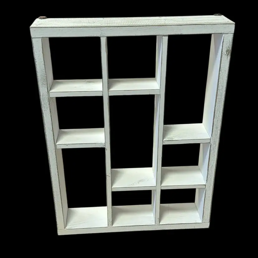 Rustic painted wood trinket display shelf. 17” L, 13” H & 3” W