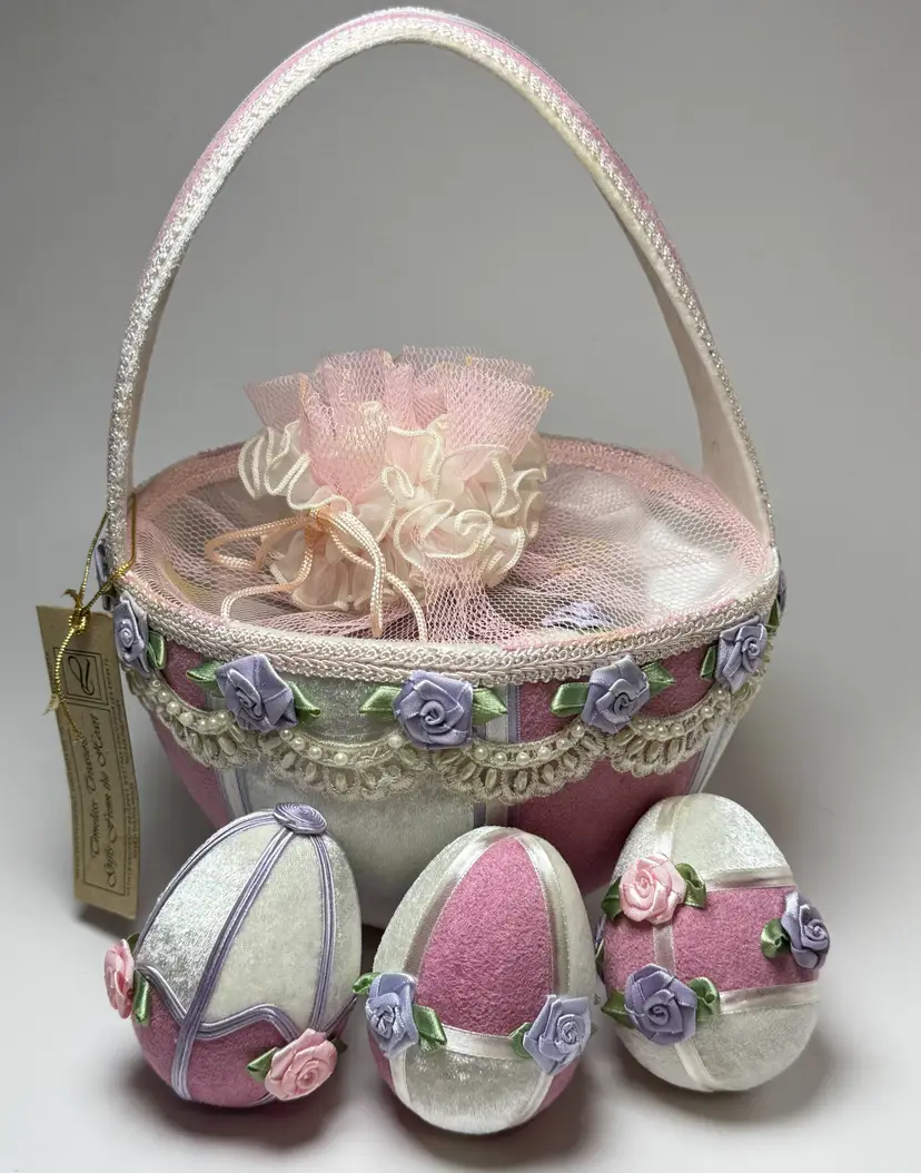 Timeless Treasures 7 Decorated Easter Eggs & Basket Purple Pink Velvet Rosettes
