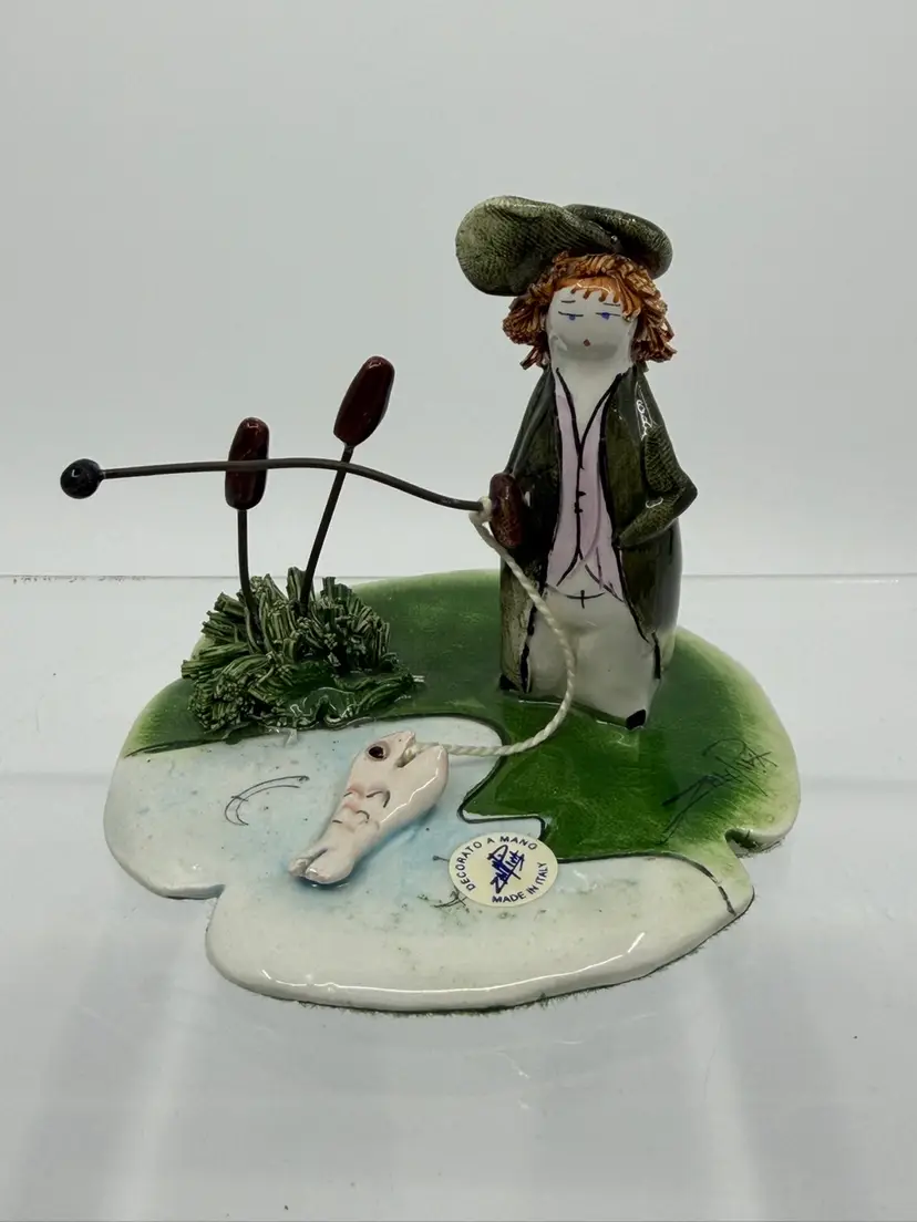 Zampiva “Man Fishing In Pond” Handmade Pottery Figurine ITALY Spaghetti Hair