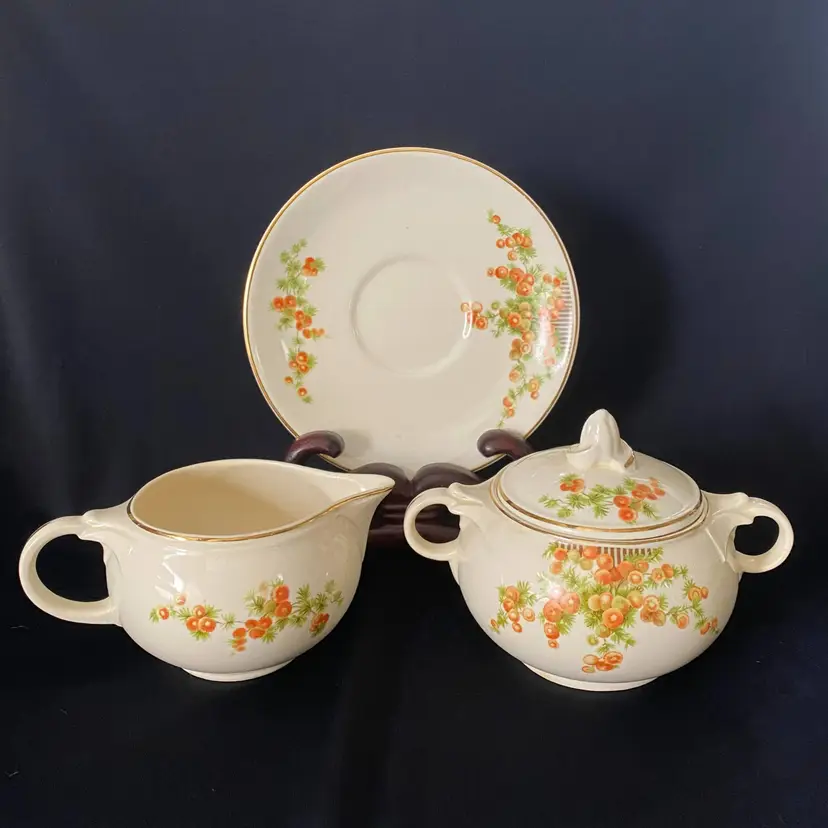 Taylor Smith & Taylor Orange Snowball Cream, Sugar Bowl w/Lid & Plate USA ~ SET 3