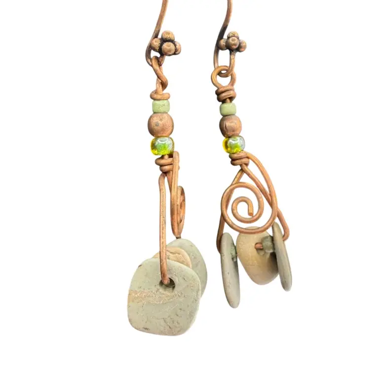 Artisan Copper Wire And Stone Dangle Drop Earrings