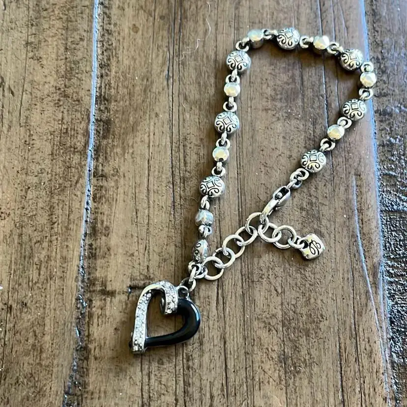 Brighton Awakened Hearts Black And Rhinestone Silverplated Bracelet