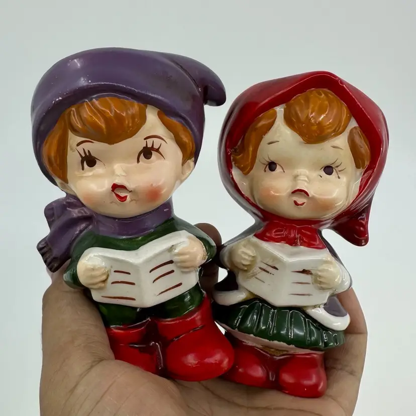 Vintage Japan Handpainted Christmas Caroler Candle Holder Boy Girl