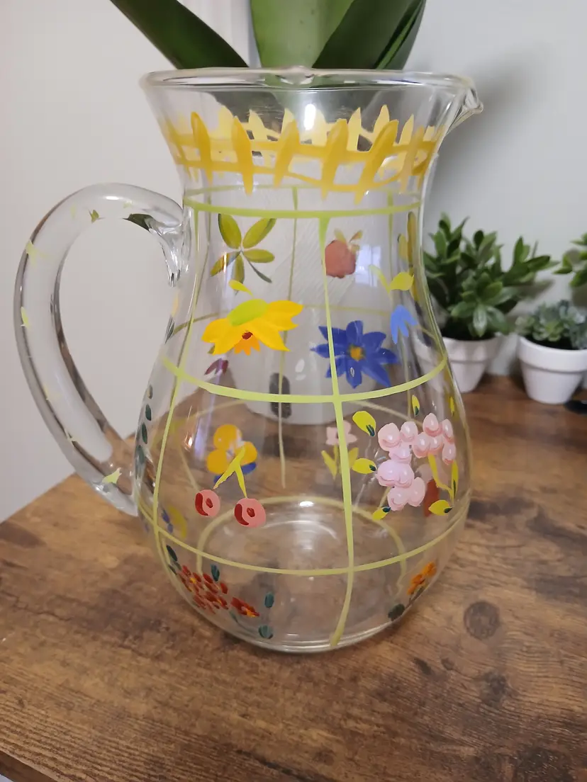 Hand-Painted Floral Glass Pitcher