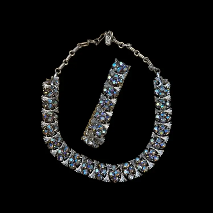 Lisner AB Blue Rhinestone Necklace & Bracelet Set 17” and 7”