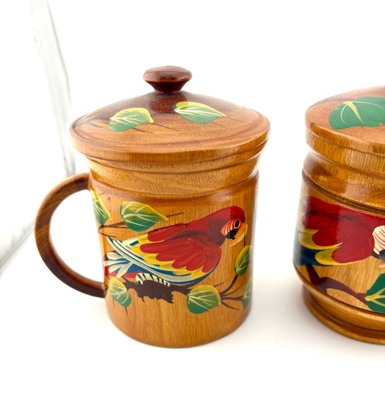 Vintage Wooden Mugs With Parrots On Them Tropical/Tiki Decor  5” Tall x 4.5” Wide