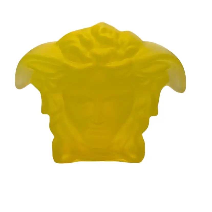 New In Box - Rosenthal Versace Uranium Glass Paperweight Yellow GLOWS Green - 3.5” Tall By 4” Widest