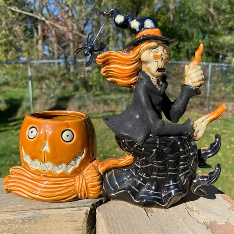 2012 Yankee Candle, Boney Bunch, Flying Witch with Pumpkin & Spider, Votive Holder. 7”h x 8”w.