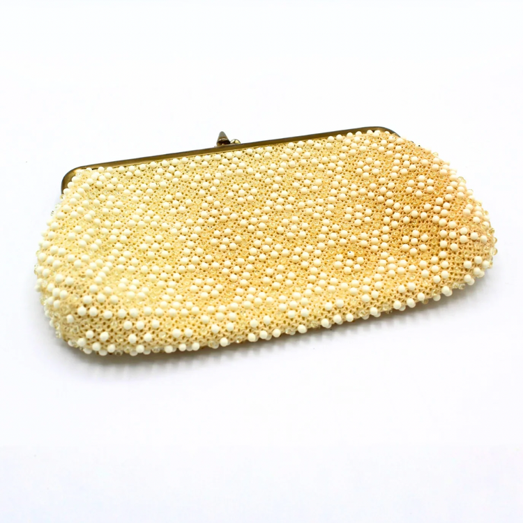 Vintage St. Thomas Corde Beaded Clutch Purse Ivory Gold Metal Accents Kiss Lock