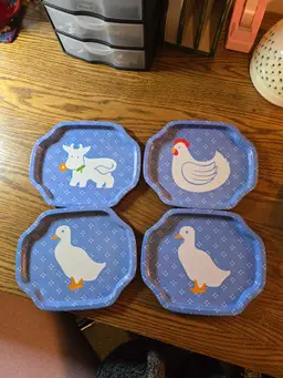 Vintage Blue Metal Farm Animal Snack Trays or Wall Hangings