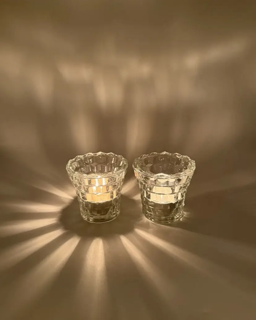 Set Of 2 Indiana Glass Votive Tea Light Candle Holders Vintage Clear Cubist