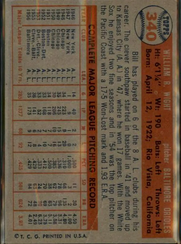 1957 Topps #340 Bill Wight - ( pk1 ) - Baltimore Orioles