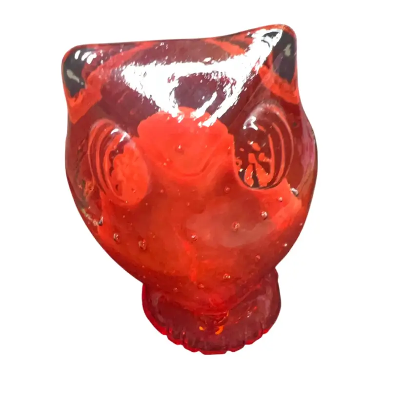 Vintage Clear With Red Center Lefton Owl Art Glass Paperweight  3.5” Unsigned