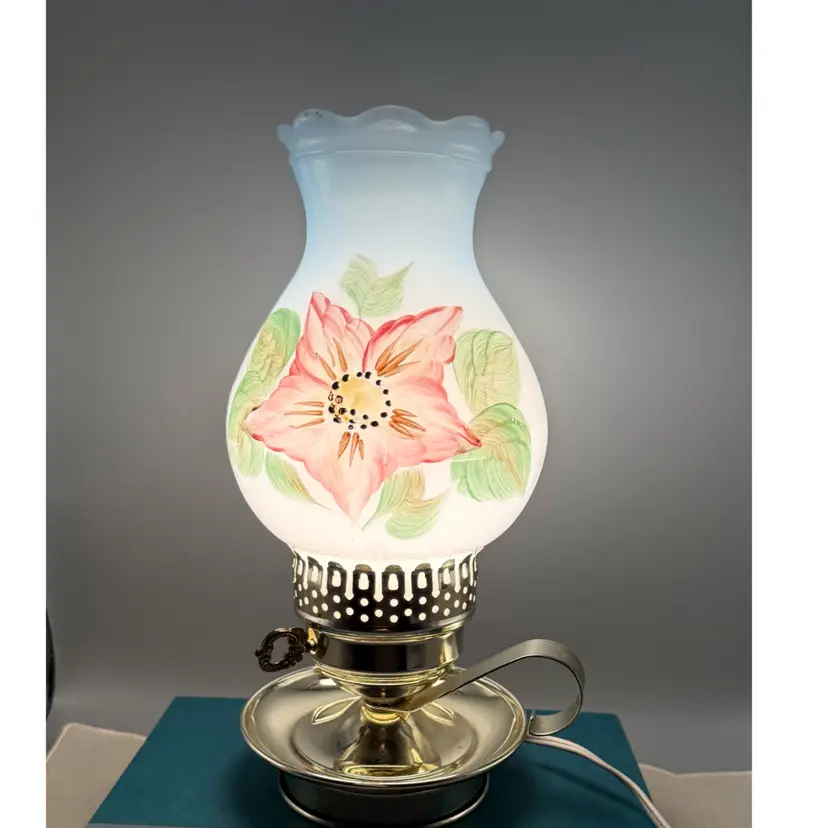 🐞Vtg Frosted Glass Hurricane Boudoir Lamp - Hand-Painted Pink Floral - Ornate Chamber Stick Metal Base 11”x5”