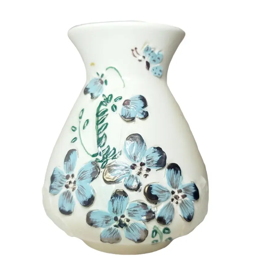 Vintage Art Studio Pottery Bud Vase With Blue Applied Flowers Signed 3.75" Tall