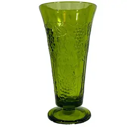 Grape Vine Patter Avocado Green Glass Vase Mid Century Modern