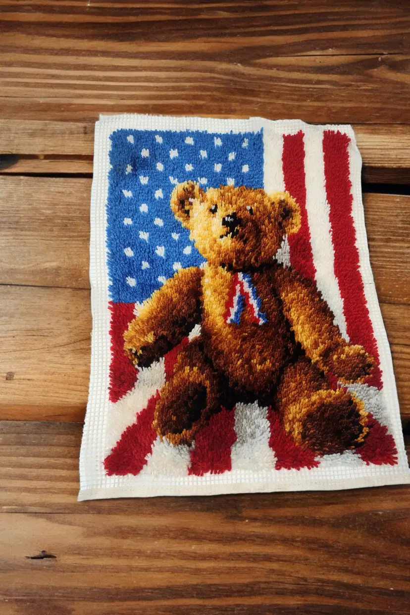 Large Vintage Completed Latch Hook Patriotic Teddy Bear Flag Wall Decor 30 x 23