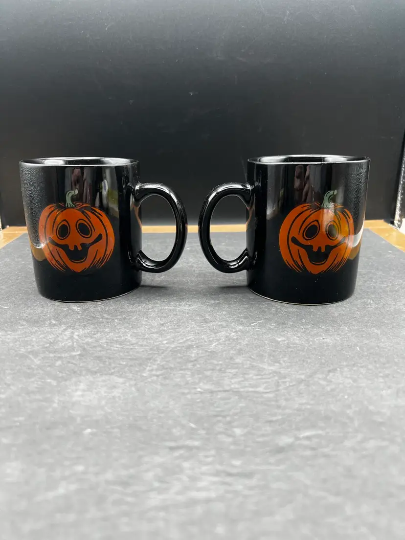 #606B Vintage Pair Of Black Halloween Jack O' Lantern Mug