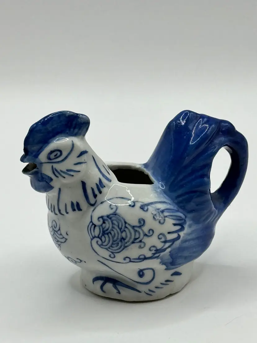 Vintage Blue and White Porcelain Rooster Creamer, Floral Motif, Collectible Kitchenware, By Tienshan, Made In China