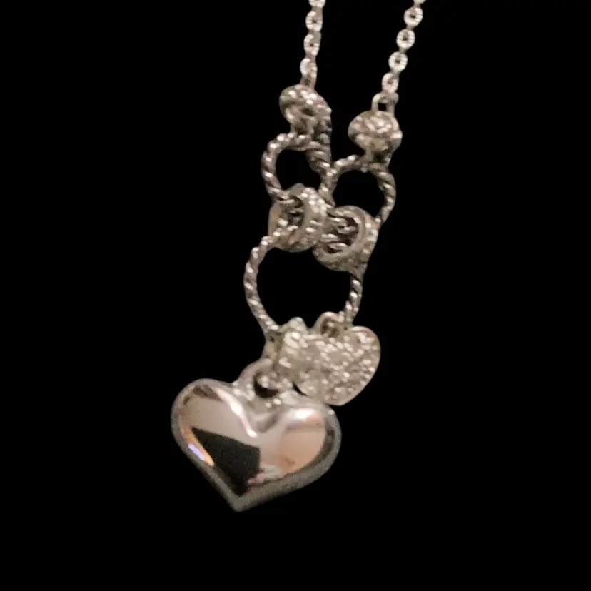 Pretty Silver Tone Double Heart Necklace With Double Clasps - 18 Inches