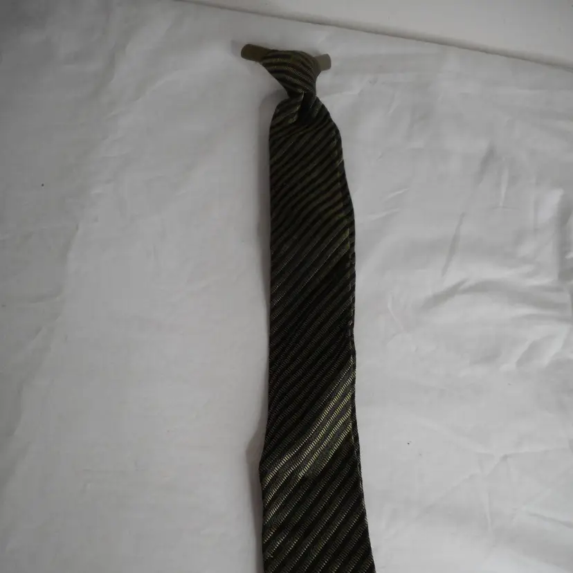 Vintage 70s Green Black Striped clip on Tie necktie - Estate Find