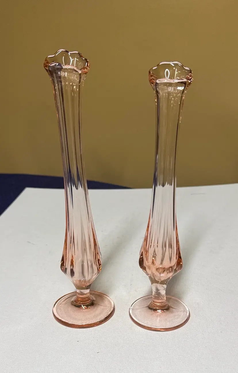 Fenton Pair of 8.5" Pink Glass Swung Bud Vases