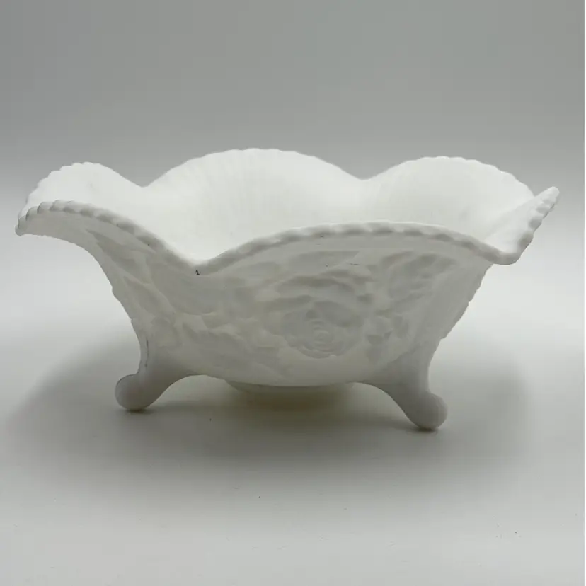 Imperial Rose Milk Glass Satin Embossed Vintage Footed Fruit Bowl Ruffled Edge