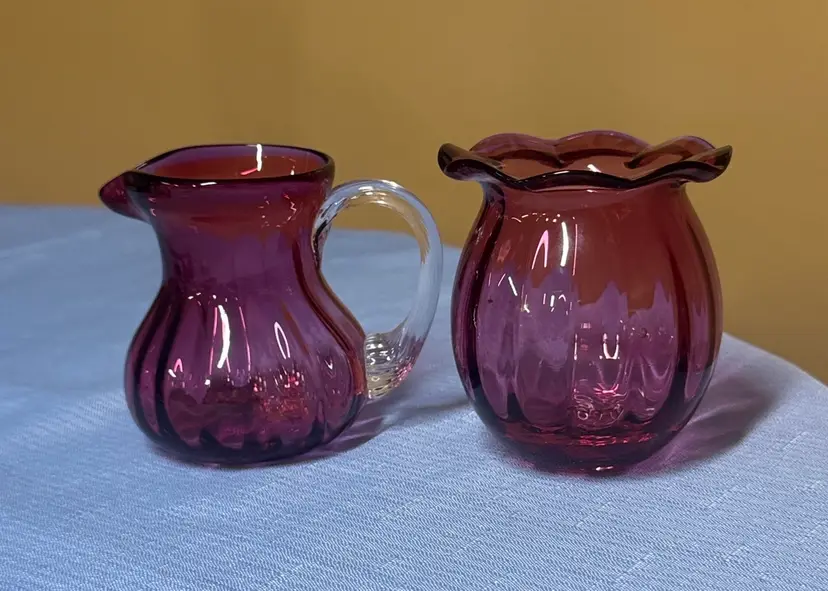 Pilgrim Cranberry Glass Sugar and Creamer set ribbed clear handles Hand-blown