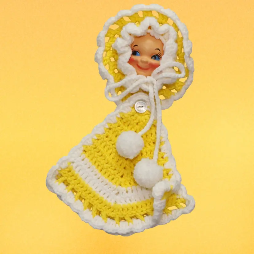 Yellow Crochet Kitschy Doll Face Handmade Potholder