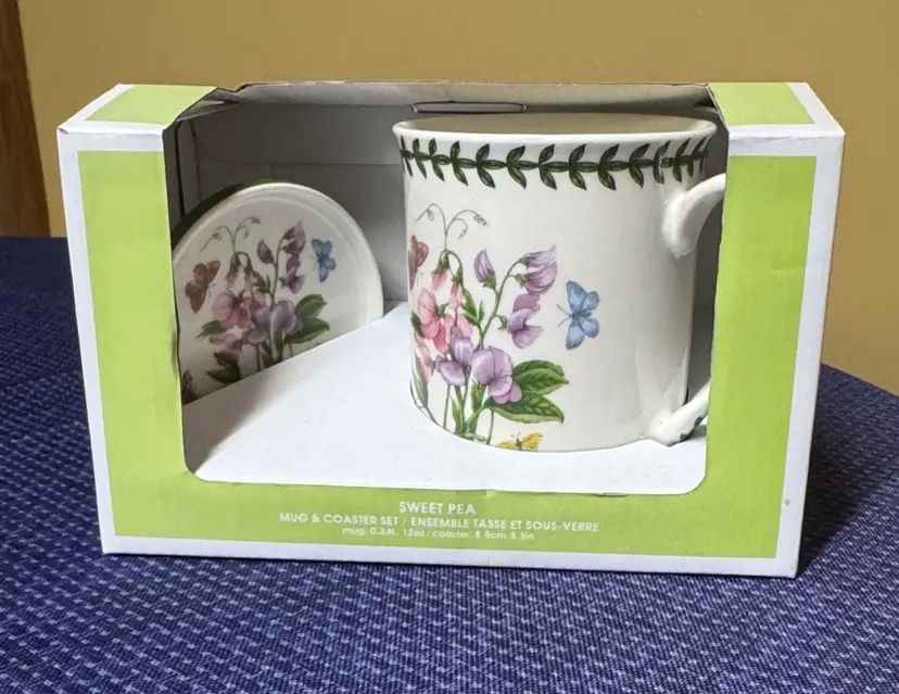 Portmeirion Botanic Garden Sweet Pea Floral Mug & Coaster Set Pink, Purple, Blue