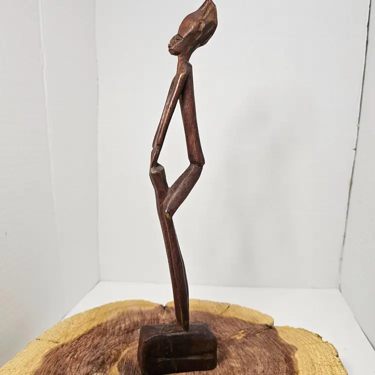 Tribal Man Holding a Staff Wood Carving Unsigned