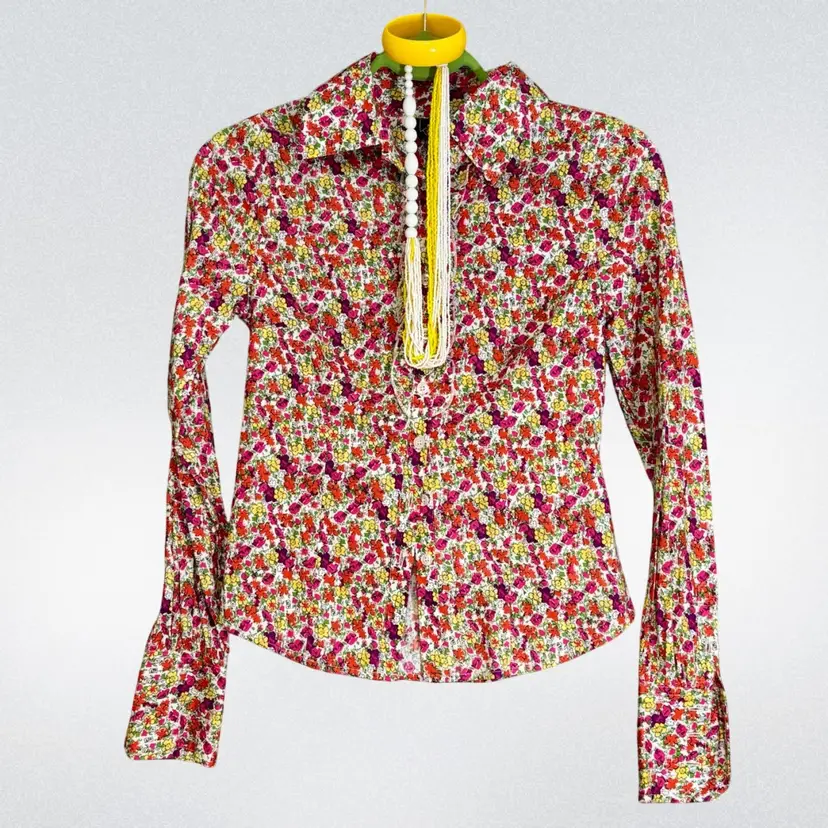 Ditsy Floral Groovy Print Ruffled Placket Button up Blouse Top XS