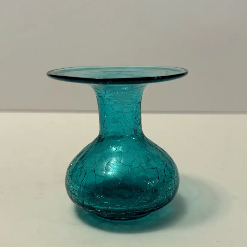 Vintage Teal Blue Hand Blown Crackle Glass Vase