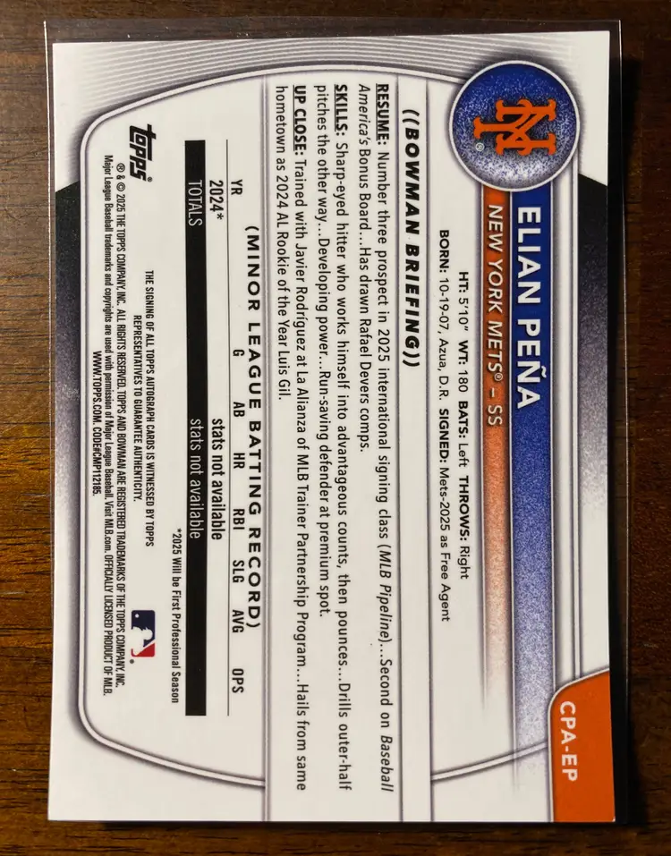 2025 Bowman Chrome Elian Pena 1st Prospect Yellow Auto 39/75 New York Mets