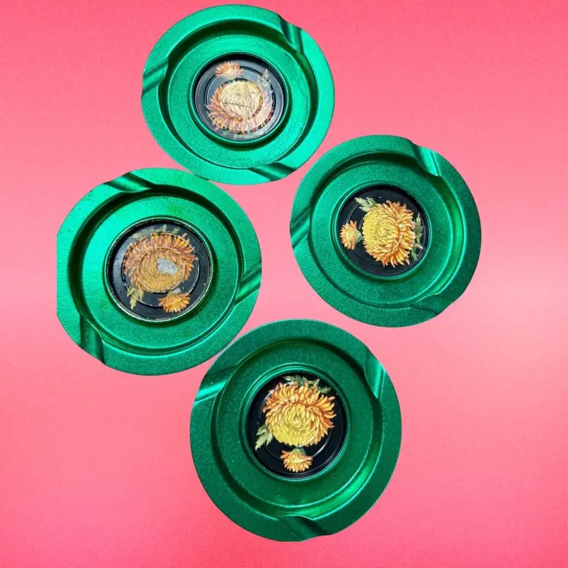 Set Of FOUR Vintage MCM Metal Aluminum Ash Trays, Green, Floral Design AS IS