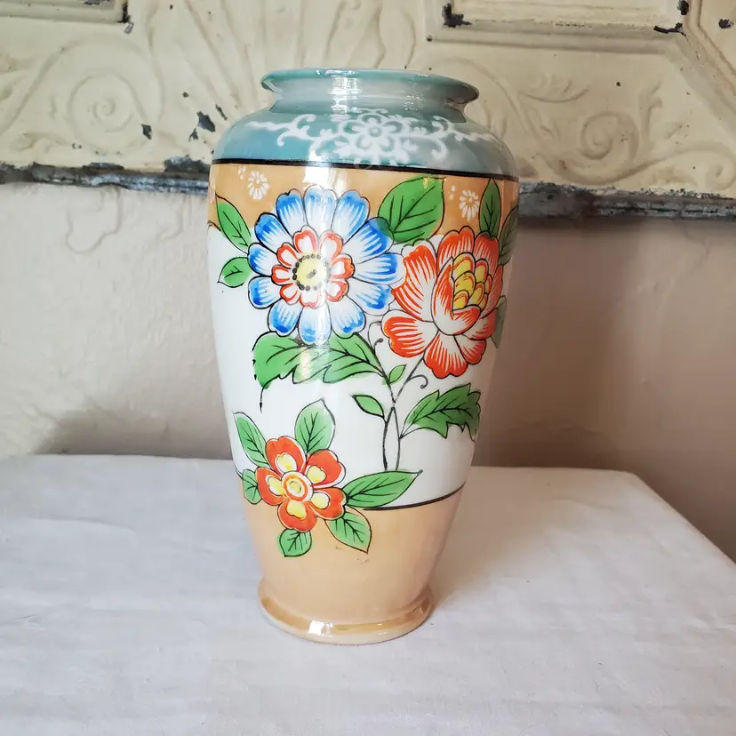 Lusterware Floral Vase Japan Orange White Blue Iridescence
