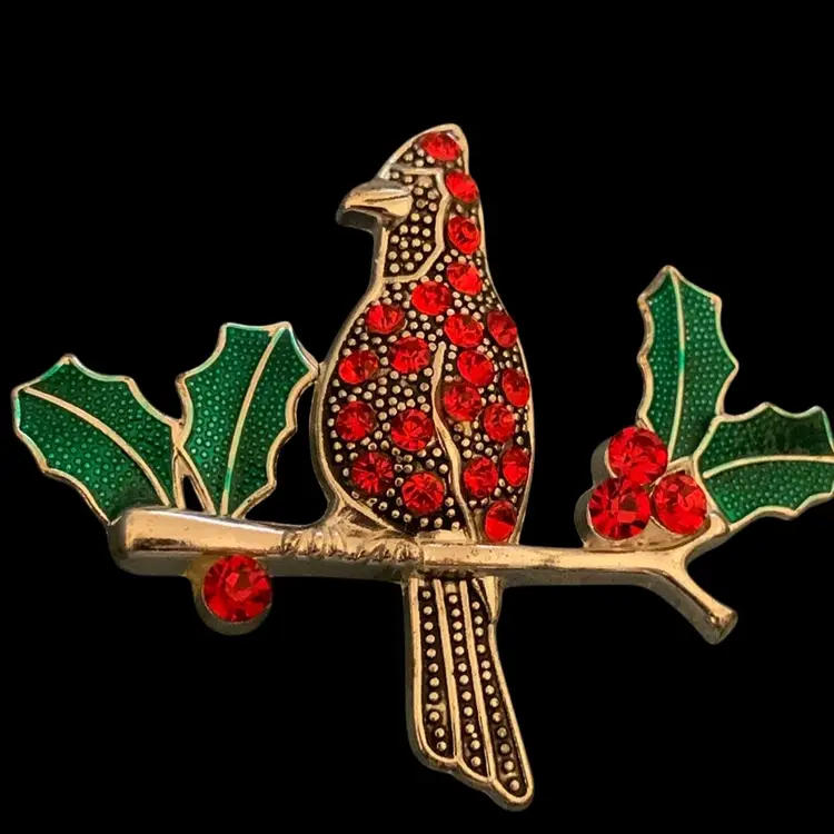 Red Rhinestone Cardinal Sitting On A Holly Branch Christmas Brooch
