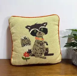 Vintage Handmade Needlepoint Pillow 1970 Raccoon 12" Orange