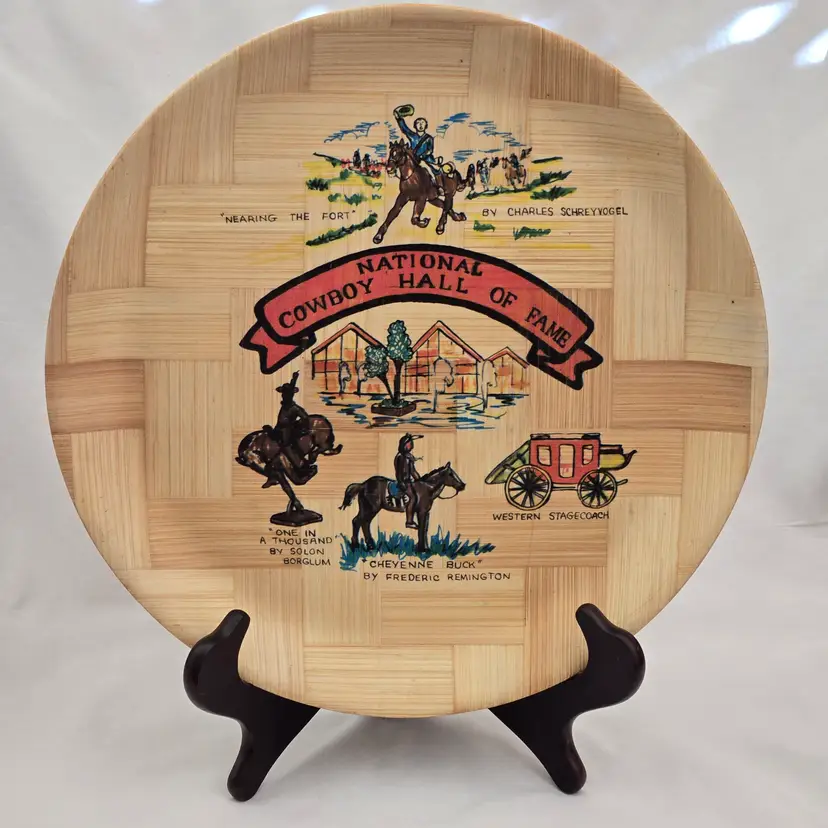 Bamboo Tray National Cowboy Hall Of Fame Souvenir Hand Woven 13” Round Vintage