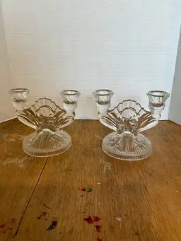 Vintage Glass Candlesticks Iris and Herringbone