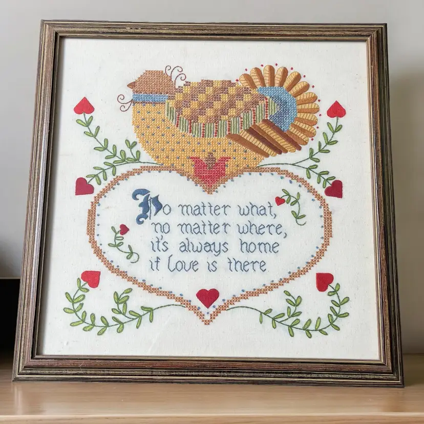 Vintage 1970's Framed Cross Stitch & Embroidery - Home Love 15.5"
